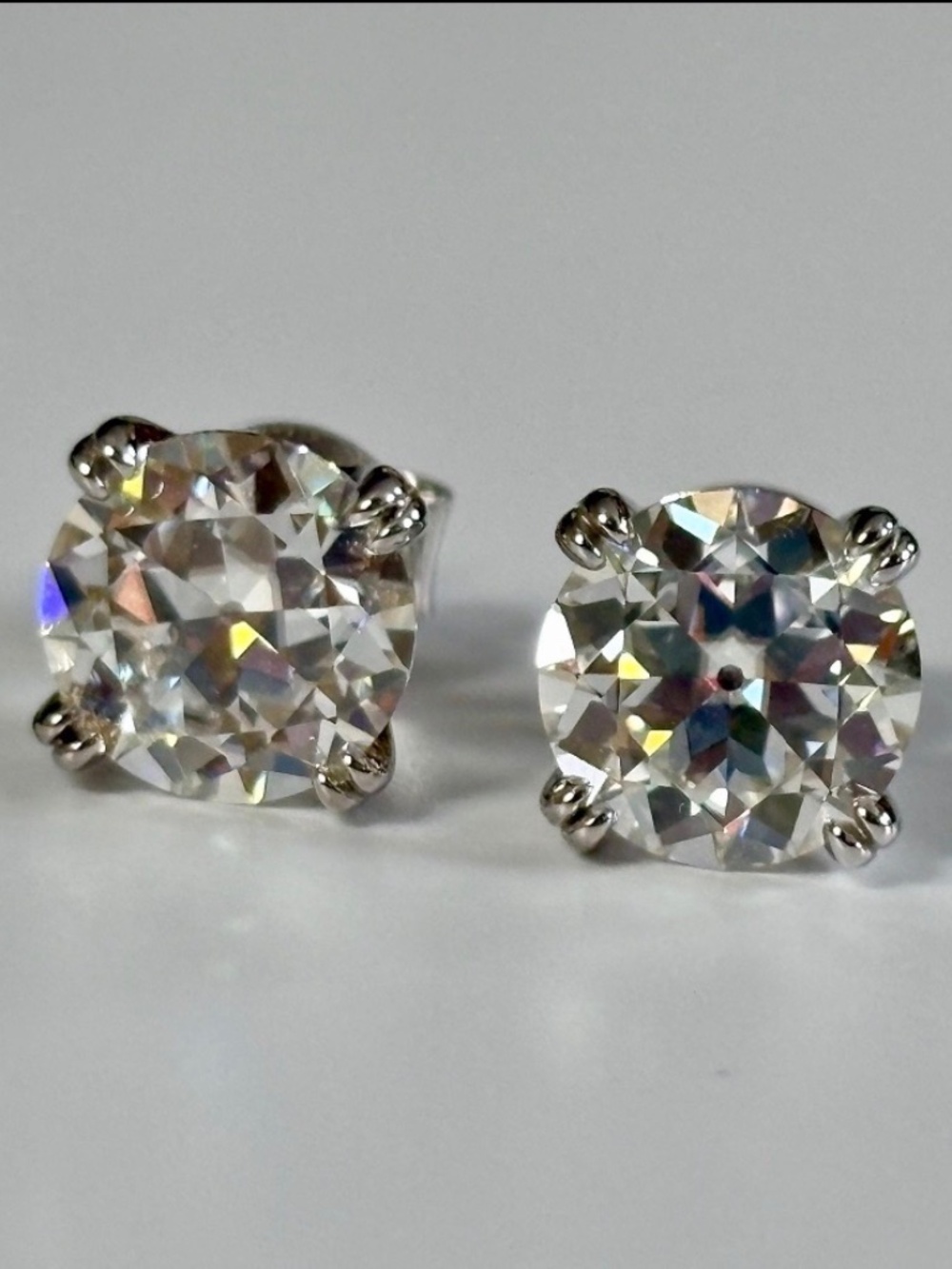 4ctw Old European Cut Moissanite studs in Argentium silver! Victorian charm!
